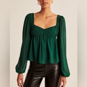 Abercrombie & Fitch  Forest Green Long Sleeve Sheer Puff Sleeve Top
